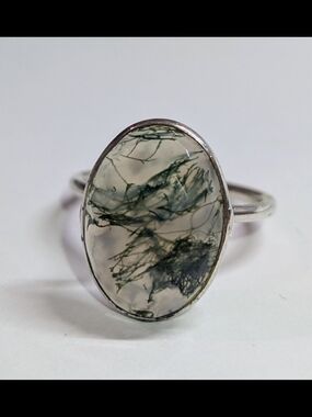 Sterling Silver Moss Agate Oval Ring - Green and White